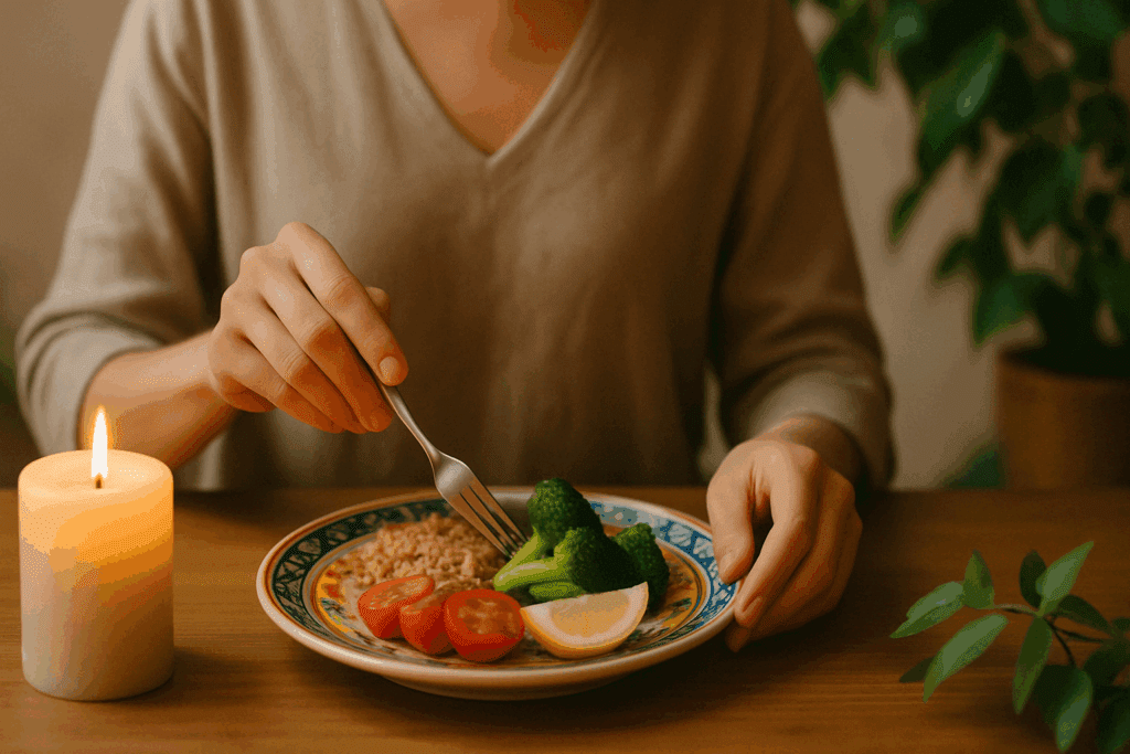 Person practicing mindful eating with a colorful plate of vegetables and grains, symbolizing a calm approach to overcoming food phobia