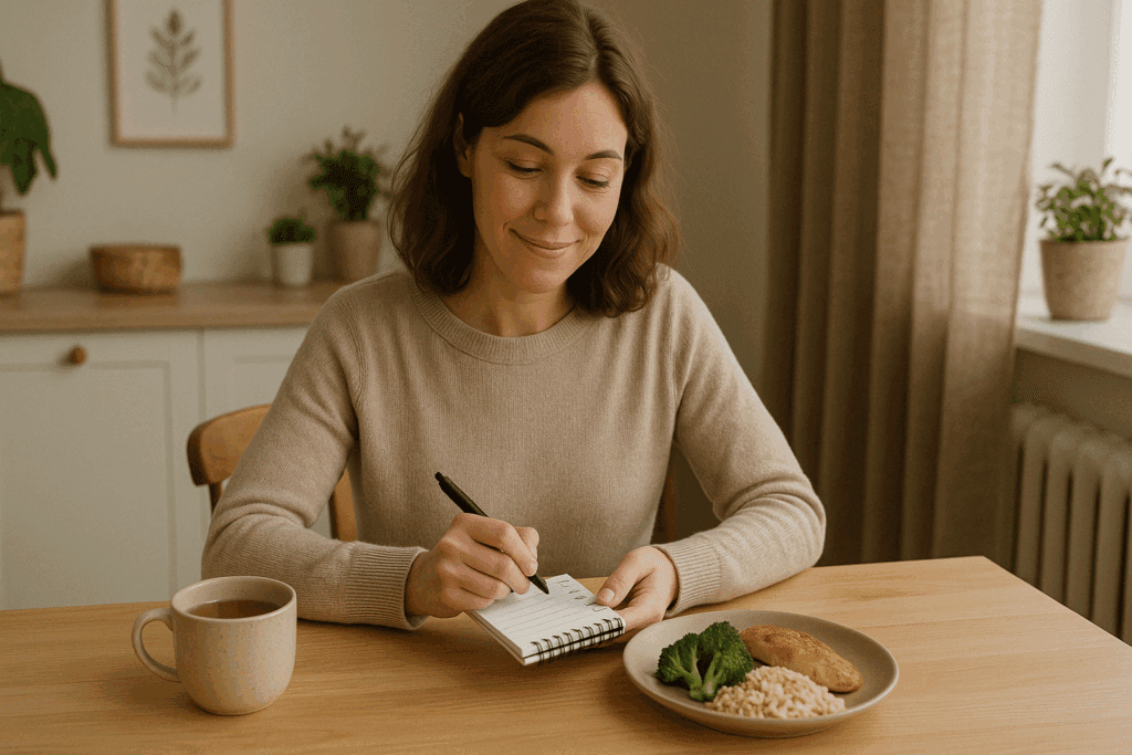Woman smiling while checking off a food list beside a simple meal in a cozy kitchen, illustrating steps in Overcoming Food Phobia.
