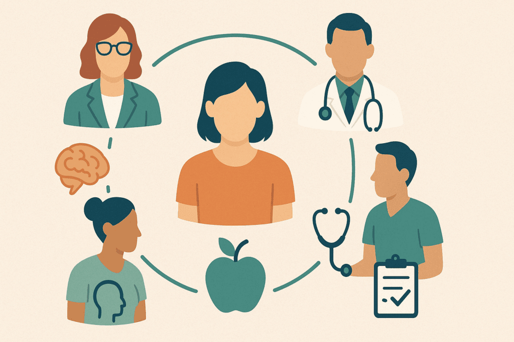 Multidisciplinary care team supporting a woman in recovery, symbolizing collaborative treatment for overcoming food phobia.