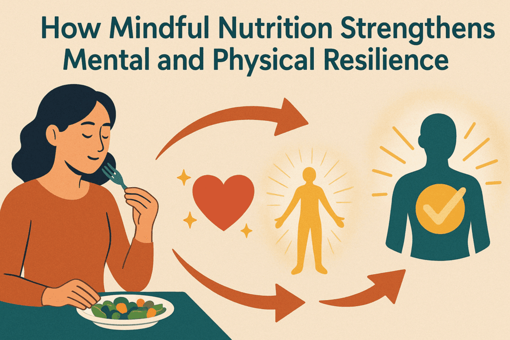 Diagram showing a woman practicing mindful eating with symbolic visuals representing benefits like emotional health, energy, and body trust—used to illustrate concepts in Overcoming Food Phobia