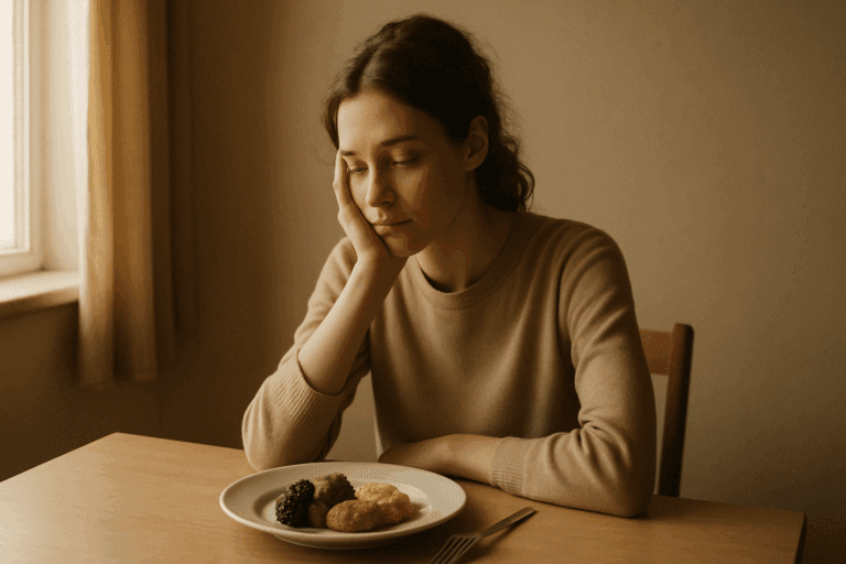 Young woman in a beige sweater staring thoughtfully at an untouched plate of food by a window, symbolizing the emotional journey of overcoming food phobia.