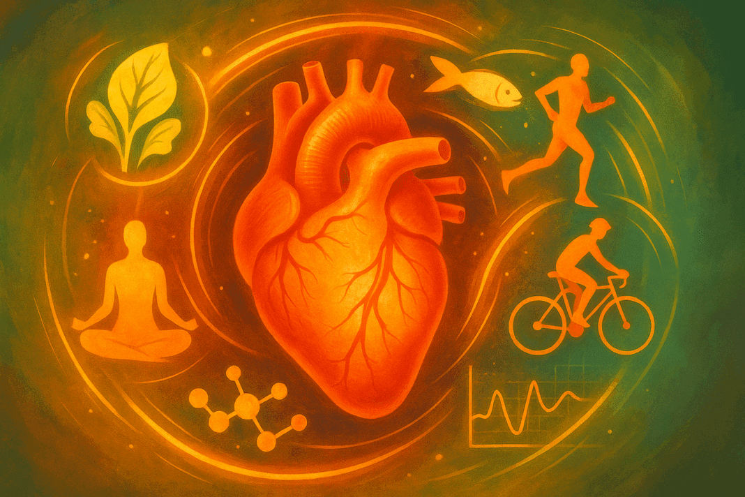 Glowing human heart surrounded by icons of nutrition, exercise, meditation, and science representing holistic cardiovascular disease interventions