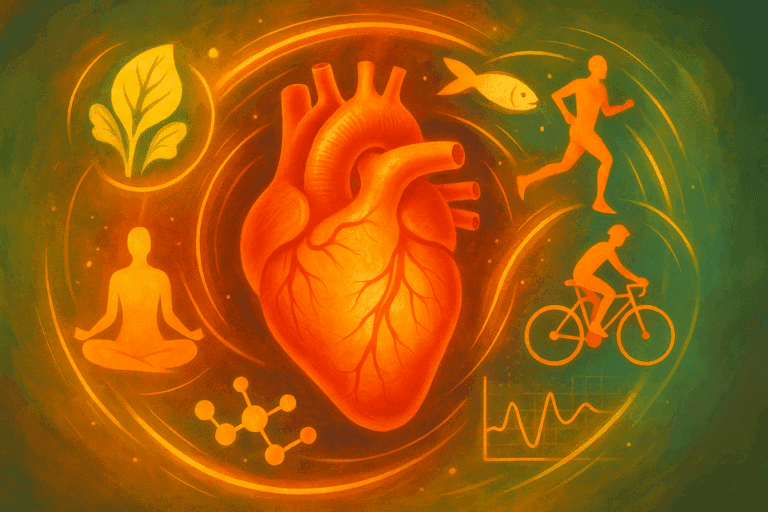 Glowing human heart surrounded by icons of nutrition, exercise, meditation, and science representing holistic cardiovascular disease interventions
