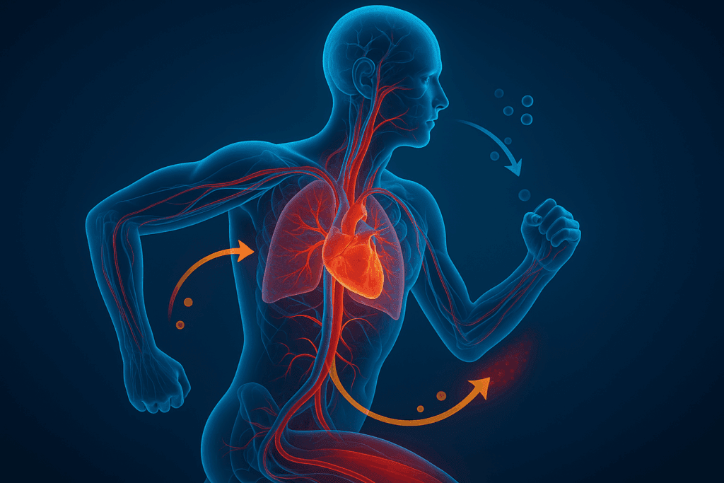 Stylized diagram of a human runner showing heart, lungs, and veins active during exercise, illustrating cardiovascular disease interventions