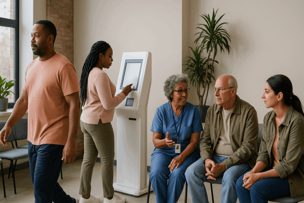 Diverse community members engaging in cardiovascular disease interventions at a wellness center, including walking, using a health kiosk, and consulting a healthcare coach.