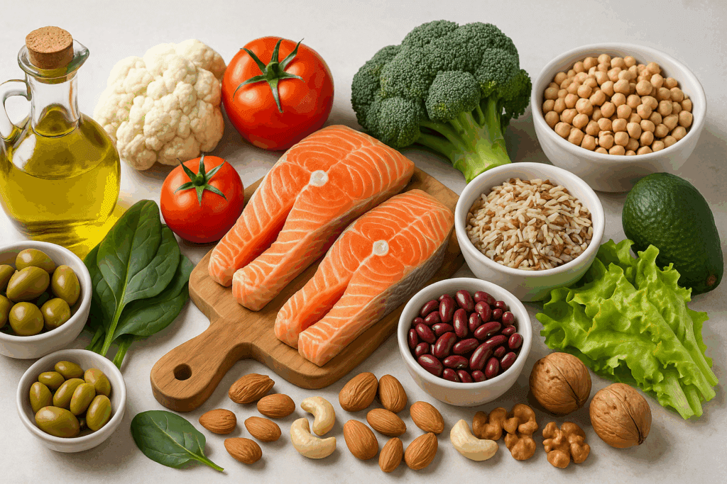 Heart-healthy Mediterranean and DASH diet foods like salmon, olive oil, vegetables, and legumes used in cardiovascular disease interventions