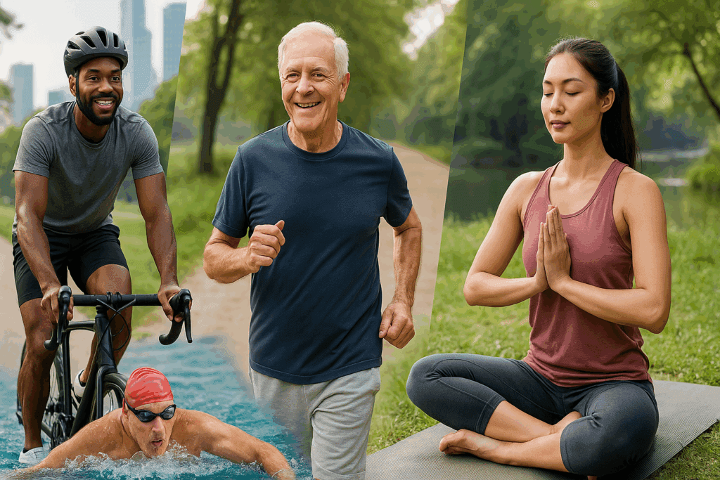 Diverse adults cycling, swimming, walking, doing yoga, and weight training outdoors as part of cardiovascular disease interventions.