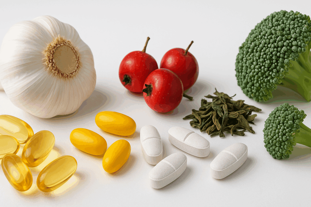 Supplements and botanicals used in cardiovascular disease interventions, including omega-3 capsules, CoQ10, magnesium, garlic, hawthorn berries, and green tea leaves.