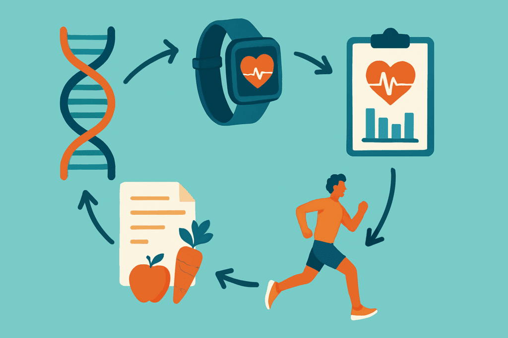Visual diagram of personalized cardiovascular disease interventions showing DNA, smartwatch, heart chart, healthy foods, and a runner in a circular flow