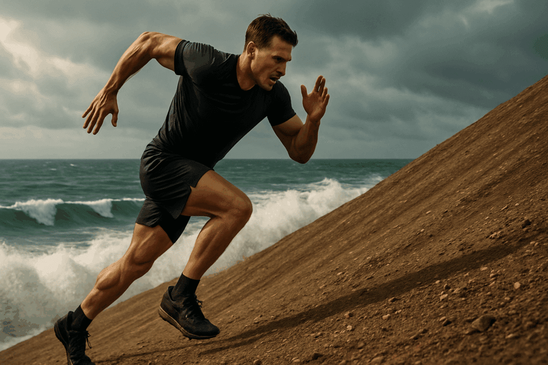 Man sprinting uphill in a high-energy outdoor setting, performing one of the toughest cardio workout routines, with intense focus and physical exertion, while ocean waves crash in the background