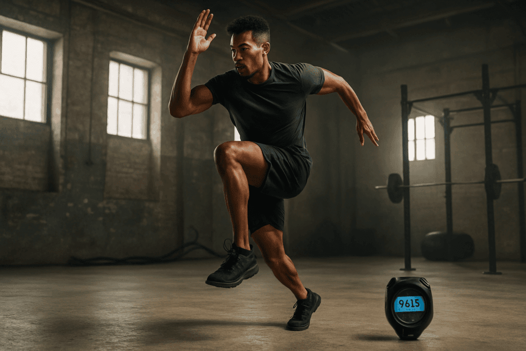 Athlete performing a high-intensity interval training (HIIT) workout, showcasing one of the toughest cardio workout routines with explosive jumps and a timer in an industrial gym setting