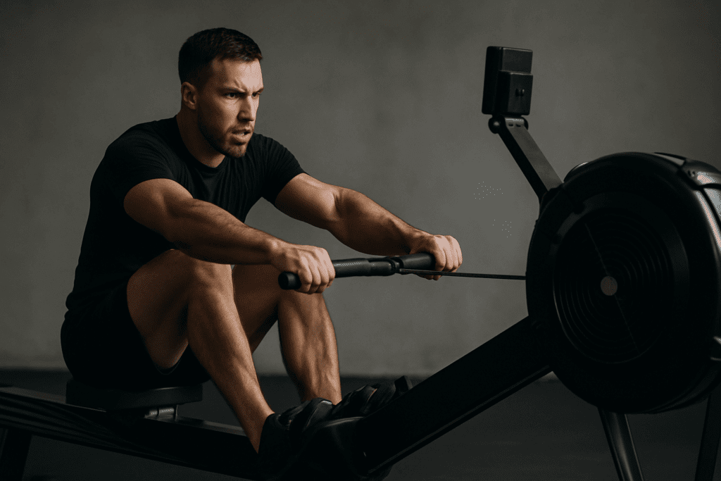 Muscular athlete performing one of the toughest cardio workout routines on a rowing machine, engaging both upper and lower body in a high-intensity session.