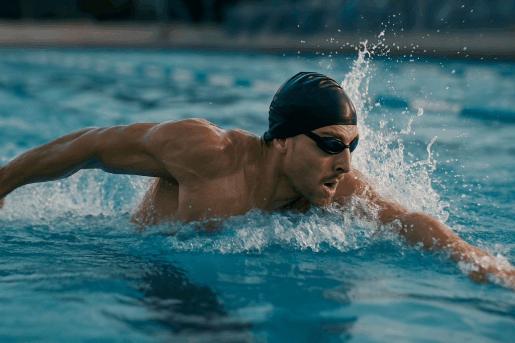 Swimmer powering through a high-intensity lap in a pool, demonstrating full-body coordination and endurance required for the toughest cardio workout routines.
