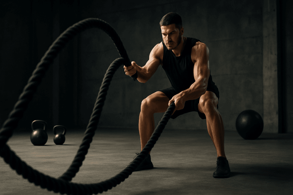 Man performing battle rope exercise as part of the toughest cardio workout routines, showcasing strength and endurance in an industrial gym with kettlebells and medicine balls in the background.