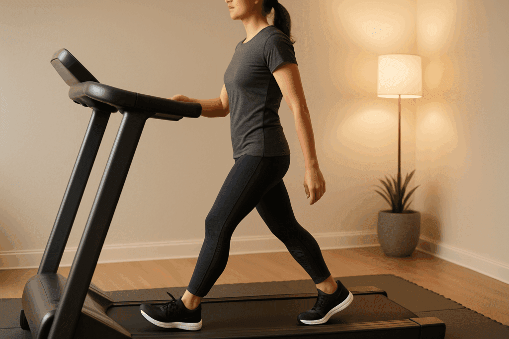 Woman walking on a treadmill in a home gym setting, demonstrating joint-friendly movement for a 30 Minute Low Impact Cardio Workout.