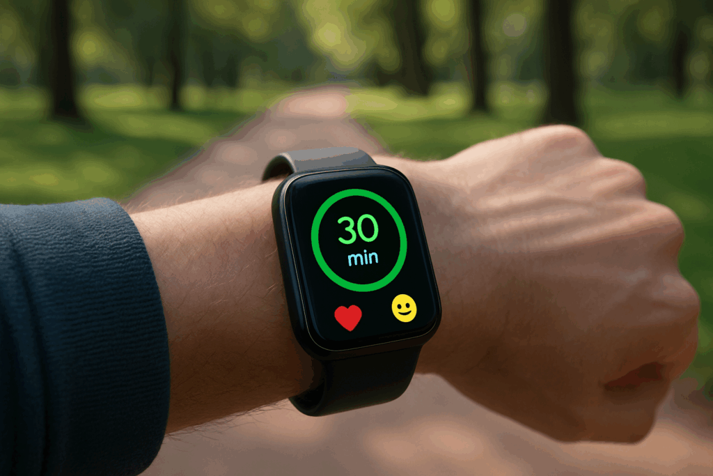 Smartwatch on a wrist during a brisk park walk, displaying a completed 30 Minute Low Impact Cardio Workout with heart and mood icons.
