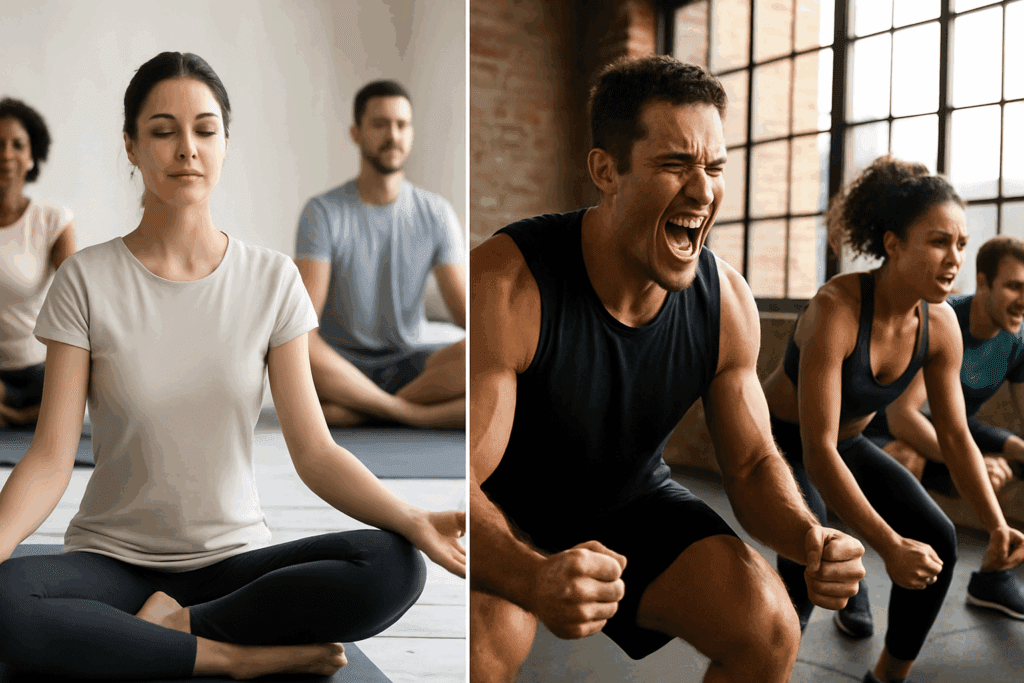 Split-screen comparison of a 30 Minute Low Impact Cardio Workout with a serene group yoga class on one side and a high-intensity gym session on the other