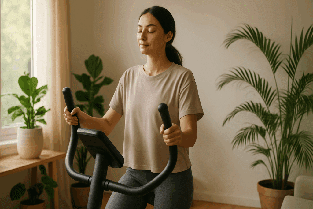 Woman doing a 30 Minute Low Impact Cardio Workout on an elliptical in a sunlit room with indoor plants, appearing calm and mindful