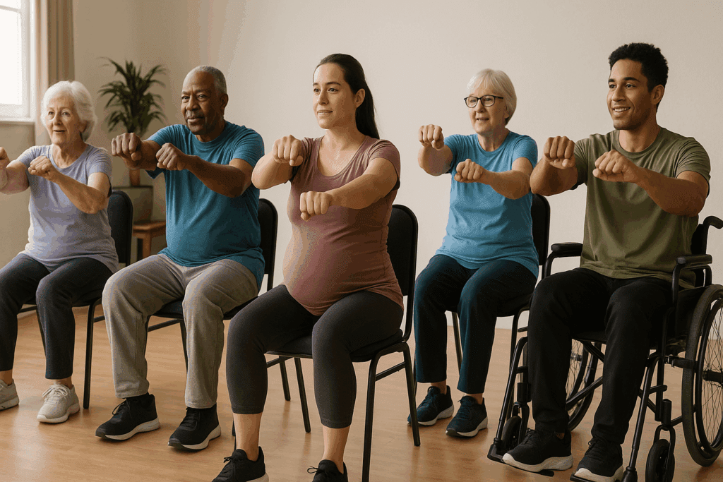 Diverse group of adults, including a senior man, pregnant woman, and wheelchair user, doing seated exercises during a 30 Minute Low Impact Cardio Workout in a bright community space.
