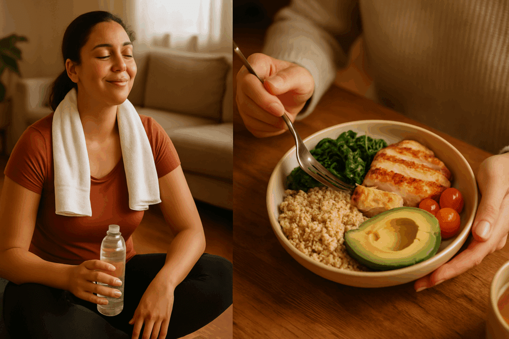Woman completing a 30 Minute Low Impact Cardio Workout at home, followed by a balanced post-exercise meal with quinoa, greens, avocado, and grilled chicken.