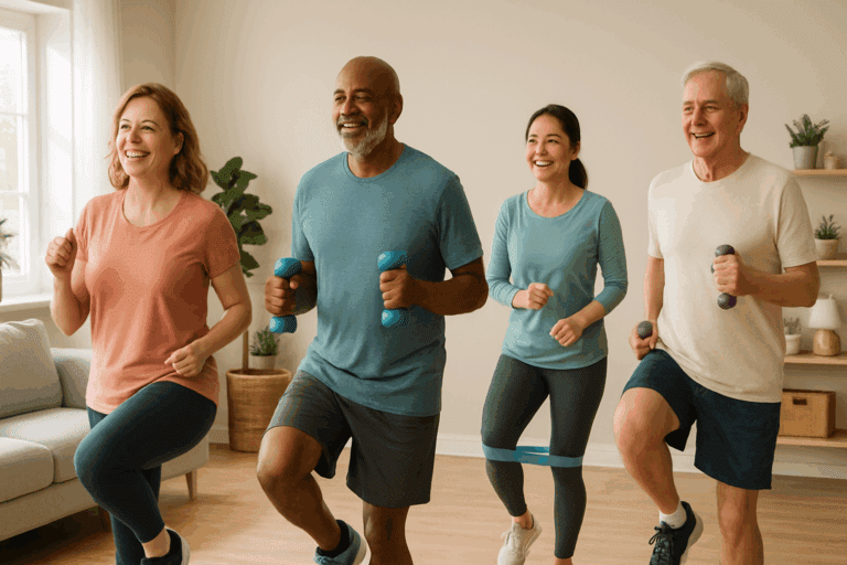 Diverse group of adults doing a 30 Minute Low Impact Cardio Workout in a bright living room with light weights and resistance bands