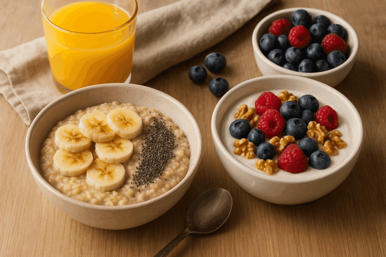 Depression Meal List: A nutritious breakfast spread featuring a bowl of oatmeal topped with banana, chia seeds, and cinnamon, alongside Greek yogurt with mixed berries and walnuts, designed to support mental wellness and nourishment