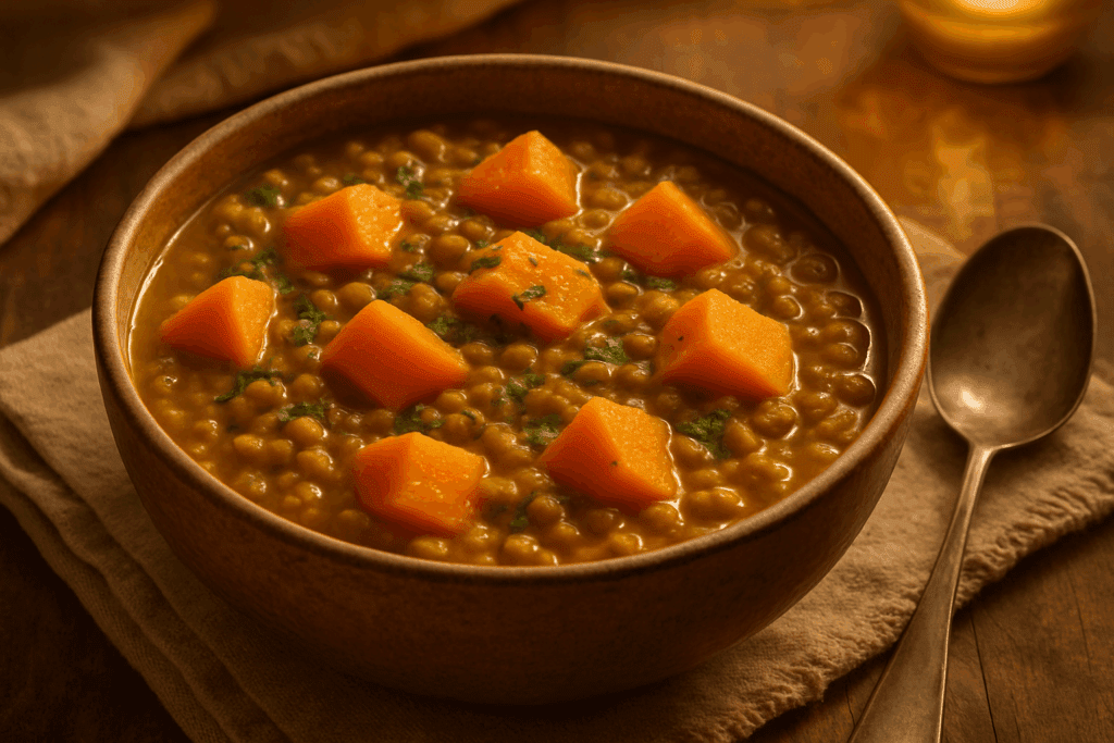 Lentil stew with sweet potatoes and turmeric in a rustic bowl, surrounded by warm lighting, representing a comforting and nourishing Depression Meal List option
