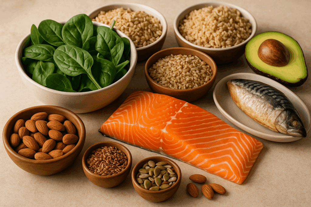 Depression Meal List featuring nutrient-rich foods including omega-3-rich salmon, magnesium-packed almonds, and folate-rich spinach, arranged on a countertop with whole grains, leafy greens, and healthy fats like avocado and flaxseeds