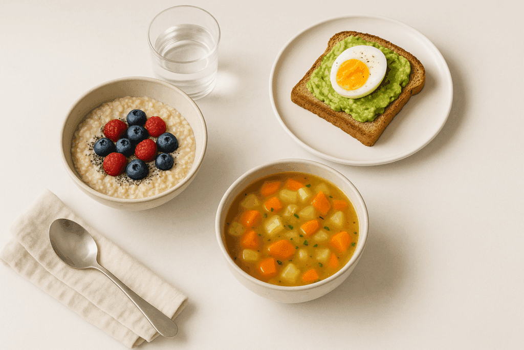Healthy meal setup featuring oatmeal with berries and chia seeds, avocado toast with a soft-boiled egg, and vegetable soup, designed to complement a Depression Meal List for nutritious, calming meals