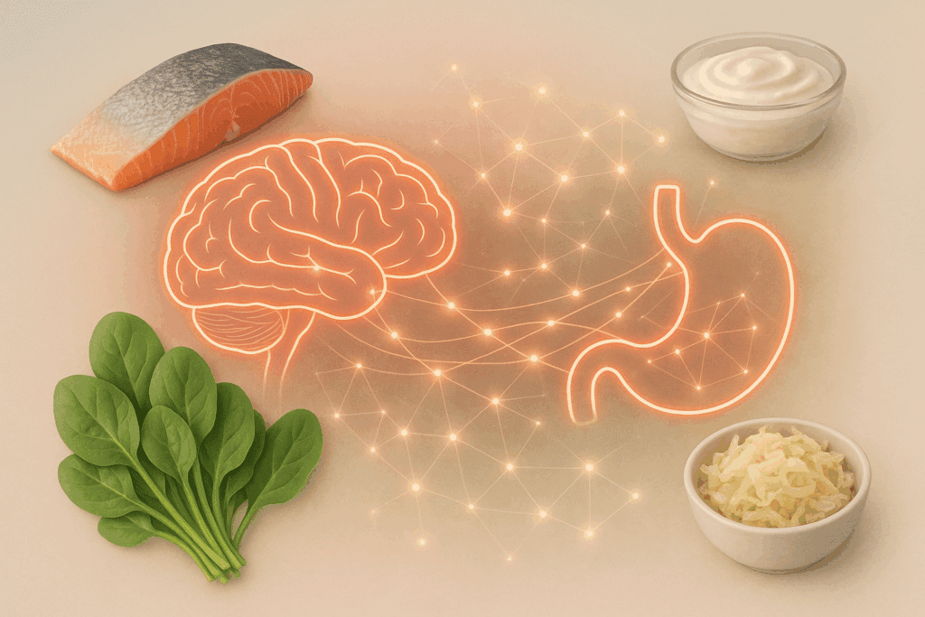 Abstract representation of the gut-brain connection with foods supporting brain and gut health, like salmon, spinach, yogurt, and sauerkraut, symbolizing a Depression Meal List for mental wellness