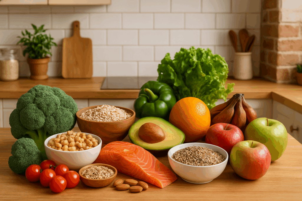 Fresh vegetables, fruits, whole grains, and healthy proteins arranged on a wooden countertop in a warm, inviting kitchen, promoting a Depression Meal List for balanced nutrition