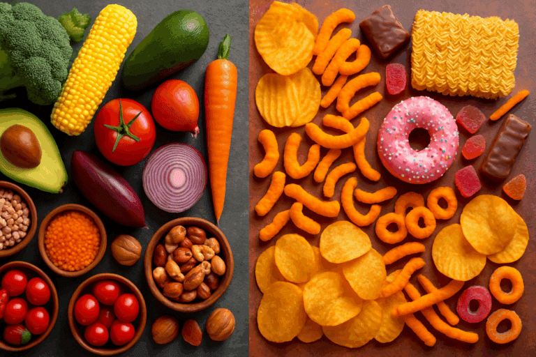 Side-by-side comparison of minimally processed foods like fruits, vegetables, and nuts with colorful packaged junk foods on a split background