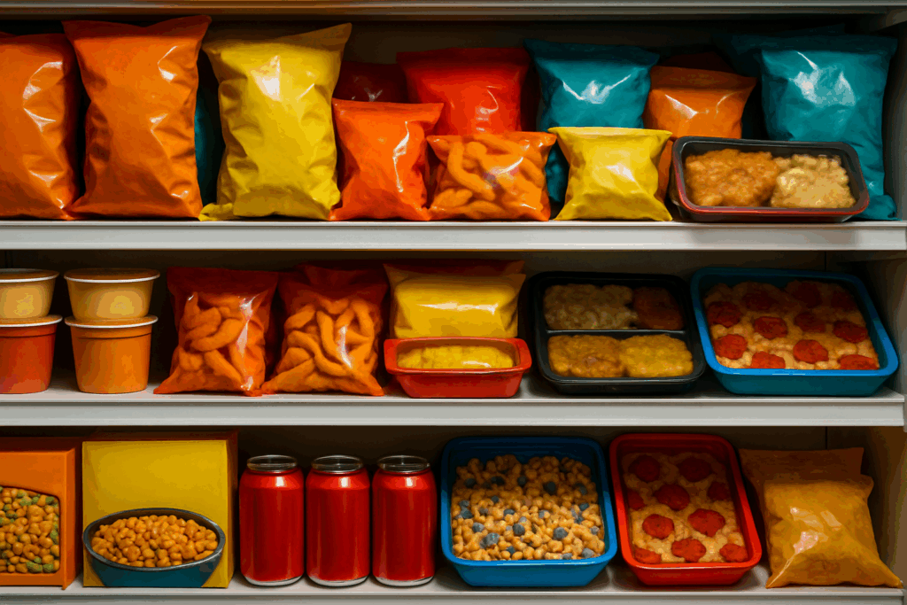 Smart Choices for Better Health: What to Know About Minimally Processed Foods vs Ultra-Processed Alternatives 2 Cluttered store shelf filled with ultra-processed snacks and frozen meals, contrasting with the idea of minimally processed foods