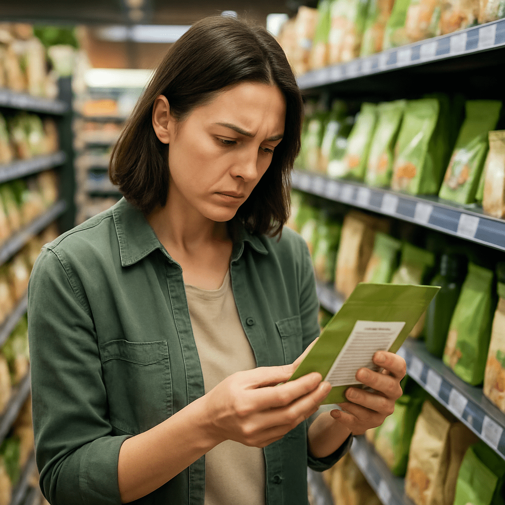 Smart Choices for Better Health: What to Know About Minimally Processed Foods vs Ultra-Processed Alternatives 4 Shopper analyzing ingredients on a food package in a grocery aisle surrounded by minimally processed foods in earth-toned packaging