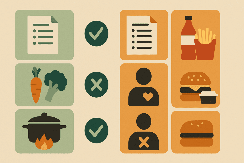 Smart Choices for Better Health: What to Know About Minimally Processed Foods vs Ultra-Processed Alternatives 5 Infographic comparing minimally processed foods and ultra-processed foods using icons for ingredient simplicity, nutrition, health impact, and convenience
