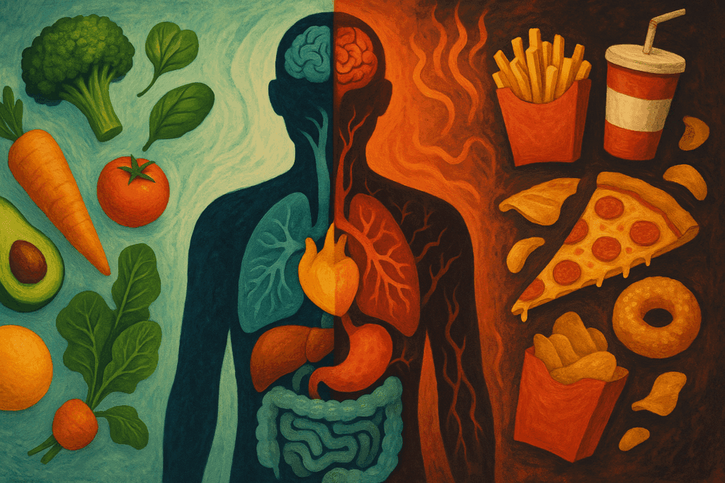 Smart Choices for Better Health: What to Know About Minimally Processed Foods vs Ultra-Processed Alternatives 3 Conceptual split-screen of a human body showing health benefits of minimally processed foods versus harmful effects of ultra-processed items