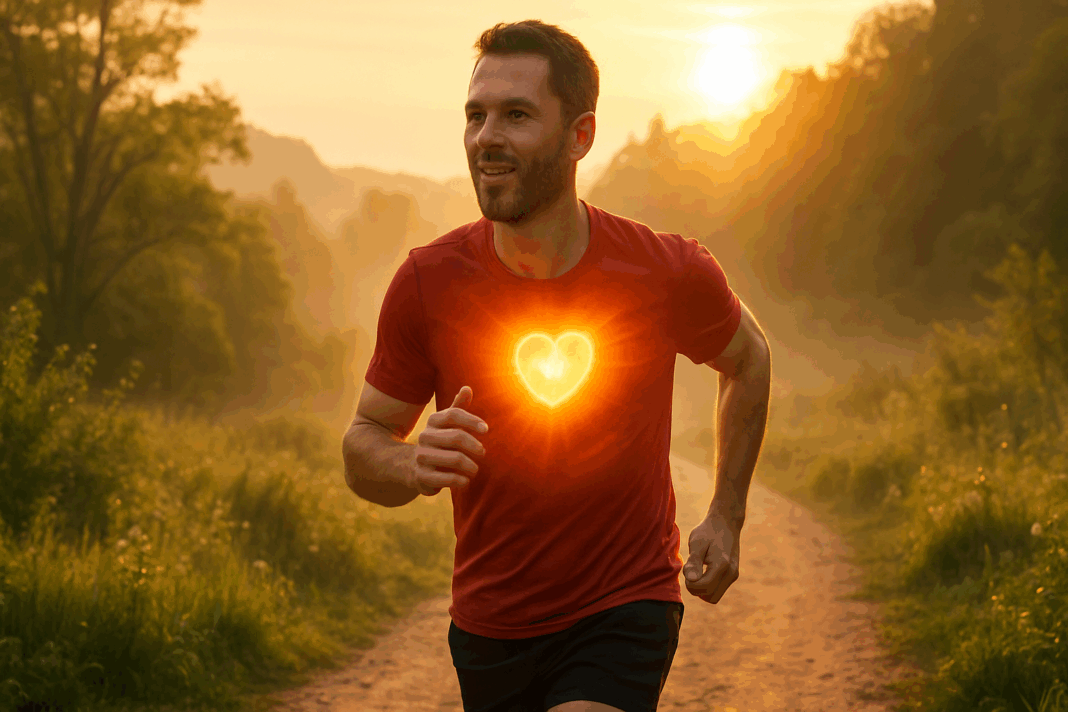 Athletic man jogging on a misty forest trail at sunrise, glowing chest symbolizing keeping your heart strong and healthy.