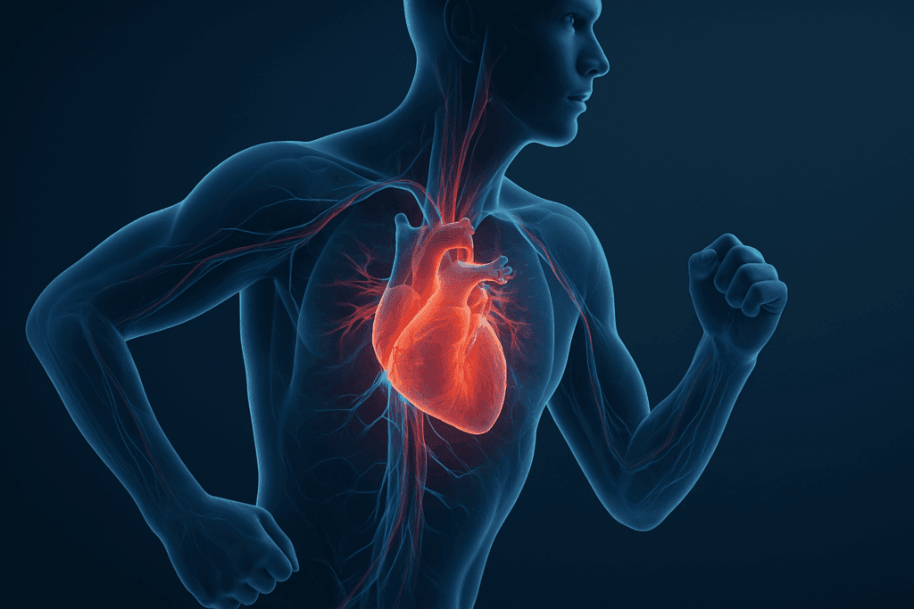 Transparent runner with glowing heart and vessels showing blood flow, emphasizing keeping your heart healthy.