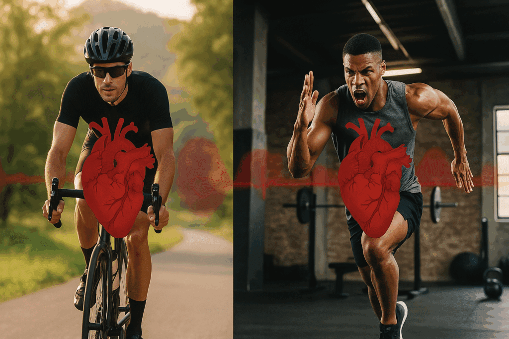 Split-screen of a cyclist in nature and a sprinter in a gym, illustrating keeping your heart healthy through aerobic and anaerobic training