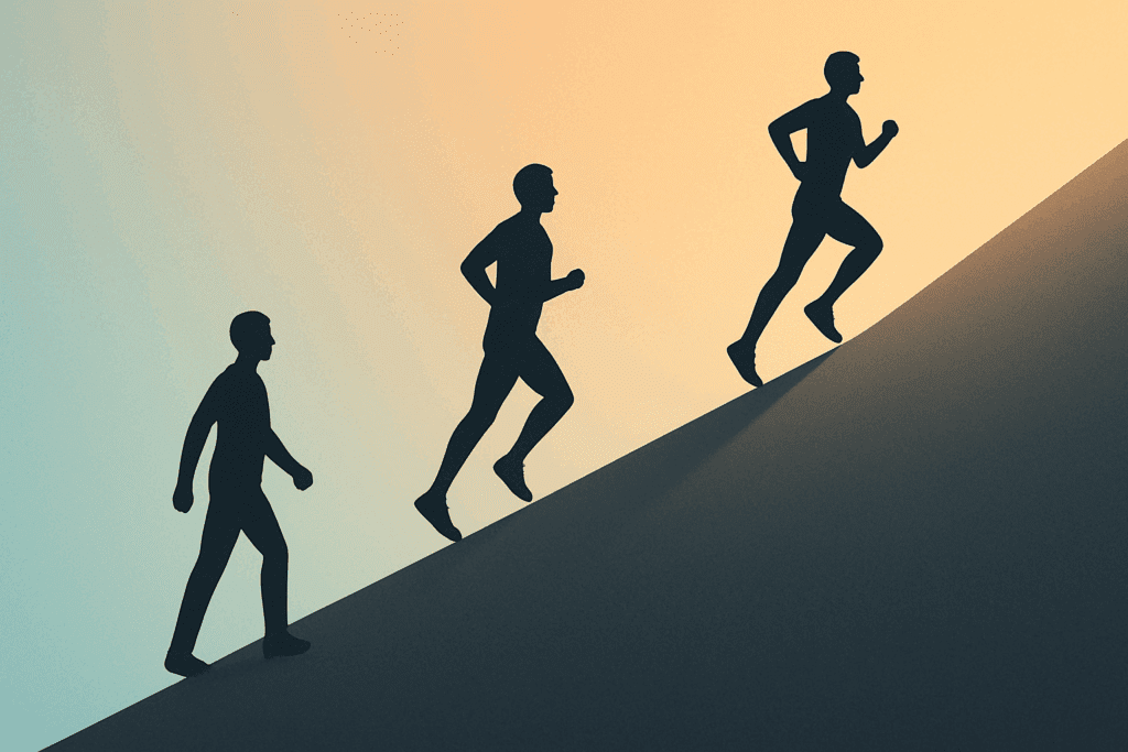 Progressive figures walking, jogging, and running uphill on a gradient path symbolizing keeping your heart strong through cardiovascular training.