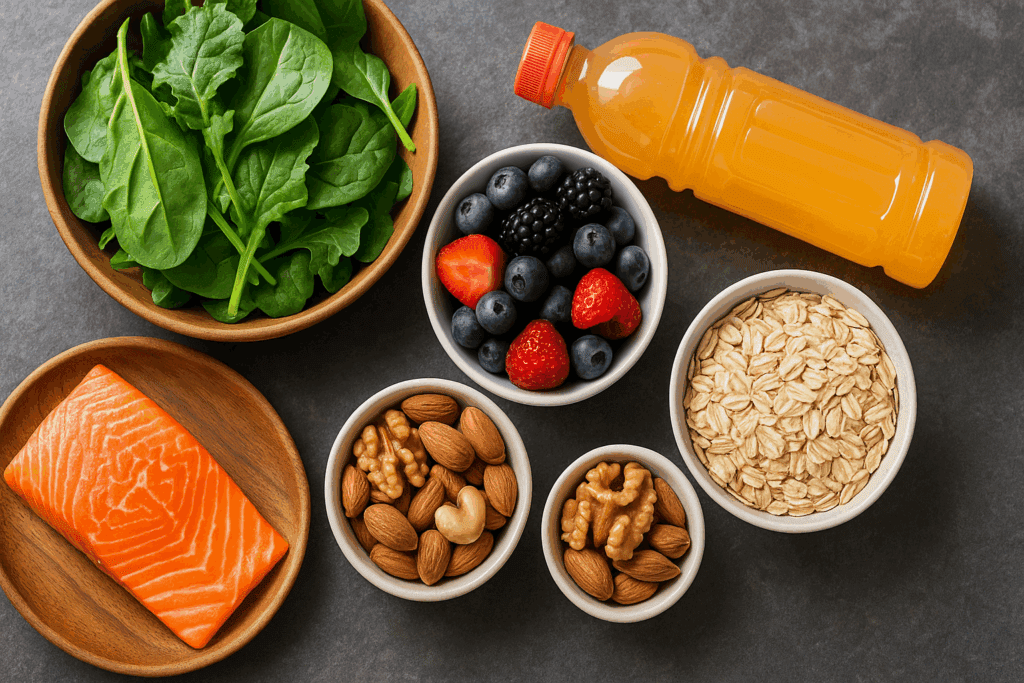 Nutrient-rich foods like salmon, berries, leafy greens, oats, and nuts arranged with a sports drink for keeping your heart strong during endurance training.