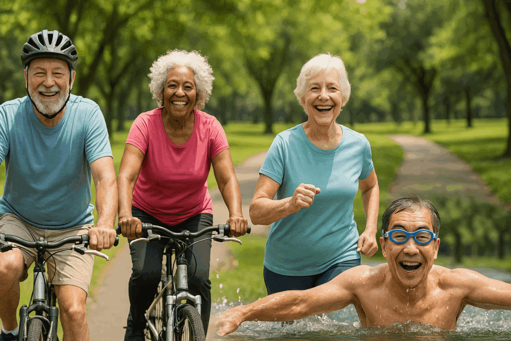 Diverse group of older adults cycling, walking, and swimming in a park, joyfully staying active and keeping your heart healthy.