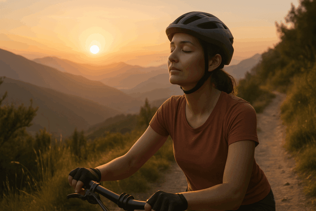 Woman cycling at sunrise on a mountain trail, practicing mindful breathing and keeping your heart healthy through nature-based cardio.