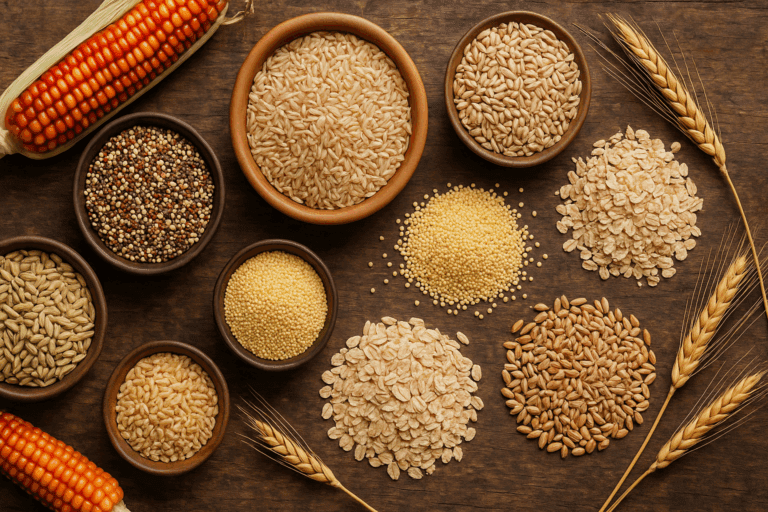Flat-lay of whole and ancient grains like quinoa, millet, oats, and wheat berries on a rustic table illustrating what type of grains should you eat