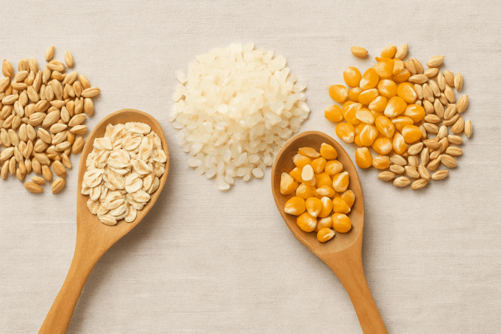 Smart Grain Choices for Better Health: What Type of Grains Should You Eat and Why Whole Grains Matter 1 Five raw whole grains—wheat, oats, rice, corn, and barley—displayed in wooden spoons to illustrate what type of grains should you eat.