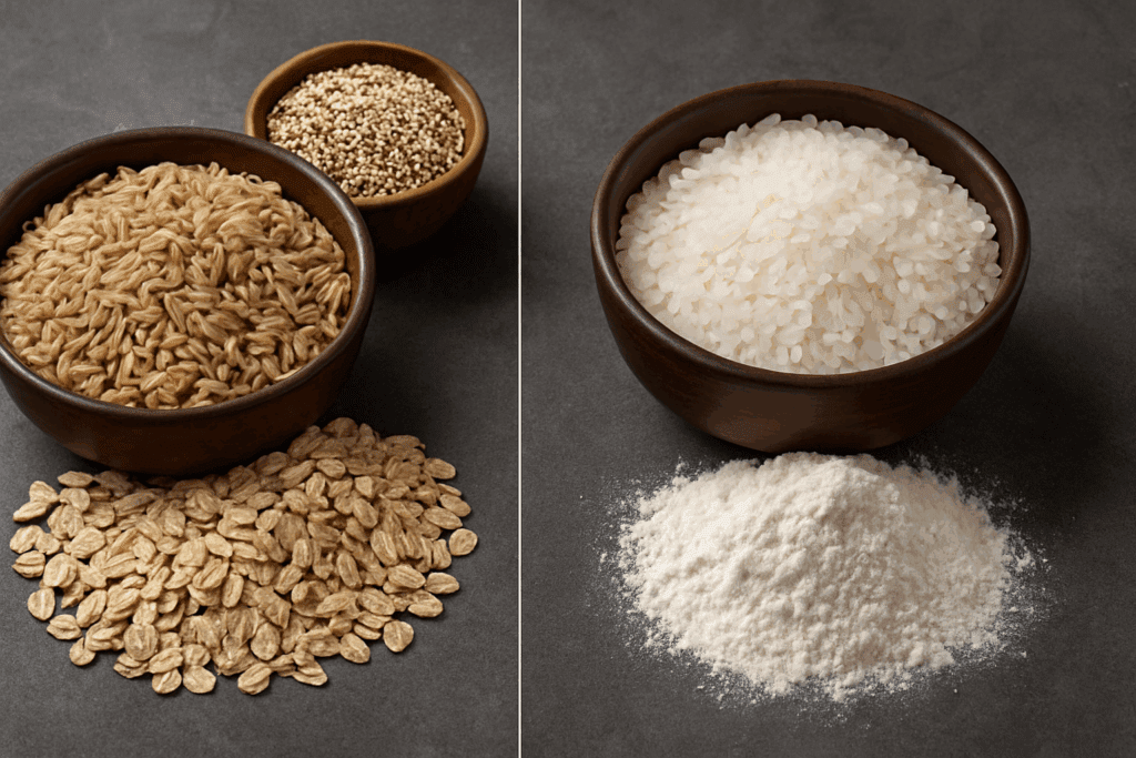 Smart Grain Choices for Better Health: What Type of Grains Should You Eat and Why Whole Grains Matter 2 Side-by-side view of whole grains like brown rice, oats, and quinoa next to refined grains like white rice and flour, illustrating what type of grains should you eat for better nutrition.