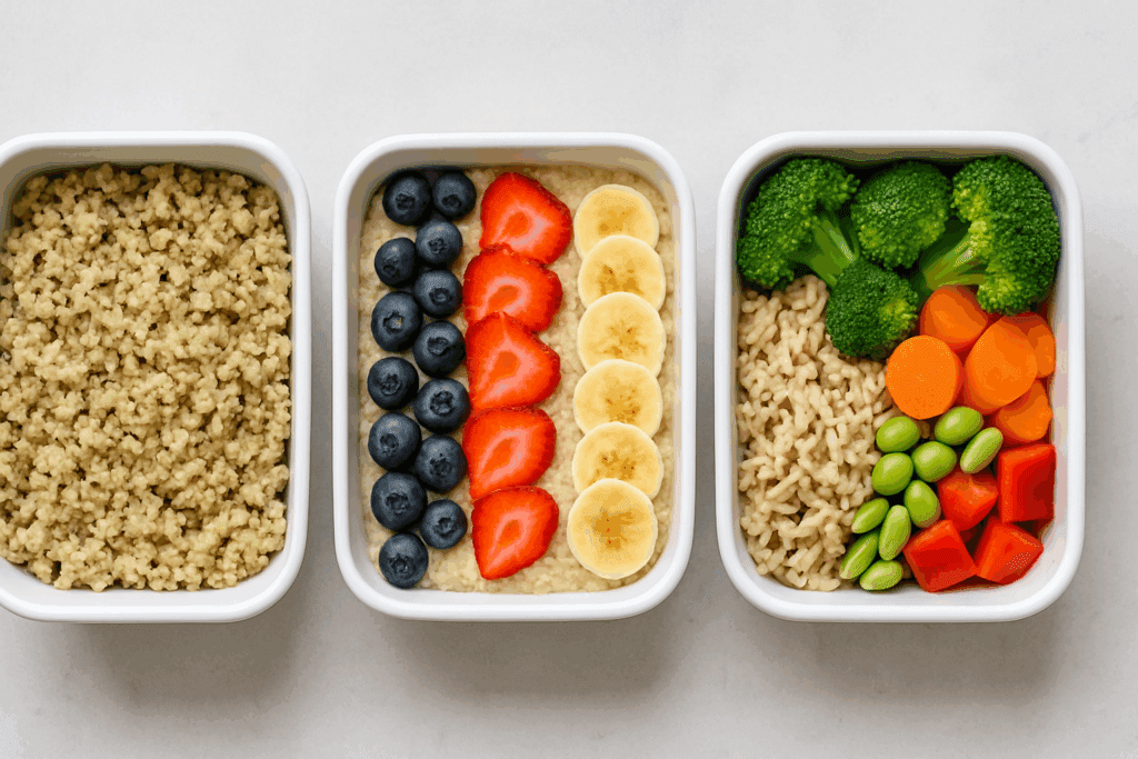 Smart Grain Choices for Better Health: What Type of Grains Should You Eat and Why Whole Grains Matter 3 Healthy meal prep containers showing what type of grains should you eat, with quinoa, oatmeal topped with fruit, and a brown rice veggie bowl.