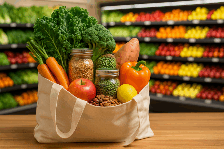 Reusable canvas tote filled with fresh produce, grains, and legumes in jars, illustrating a whole food plant based diet grocery list in a modern grocery store.