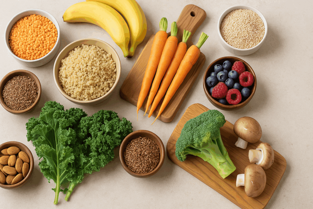 Smart Grocery Shopping for a Plant-Based Lifestyle: Your Complete Whole Food Plant Based Diet Grocery List Backed by Experts 1 Small bowls and cutting boards displaying lentils, quinoa, kale, berries, almonds, and vegetables from a whole food plant based diet grocery list.