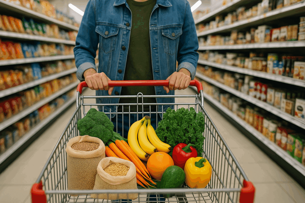 Smart Grocery Shopping for a Plant-Based Lifestyle: Your Complete Whole Food Plant Based Diet Grocery List Backed by Experts 3 Grocery store shopper pushing a cart filled with produce, grains, and legumes from a whole food plant based diet grocery list.
